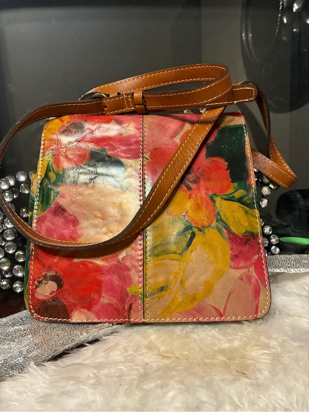 Leather Floral Crossbody Bag in Multicolor